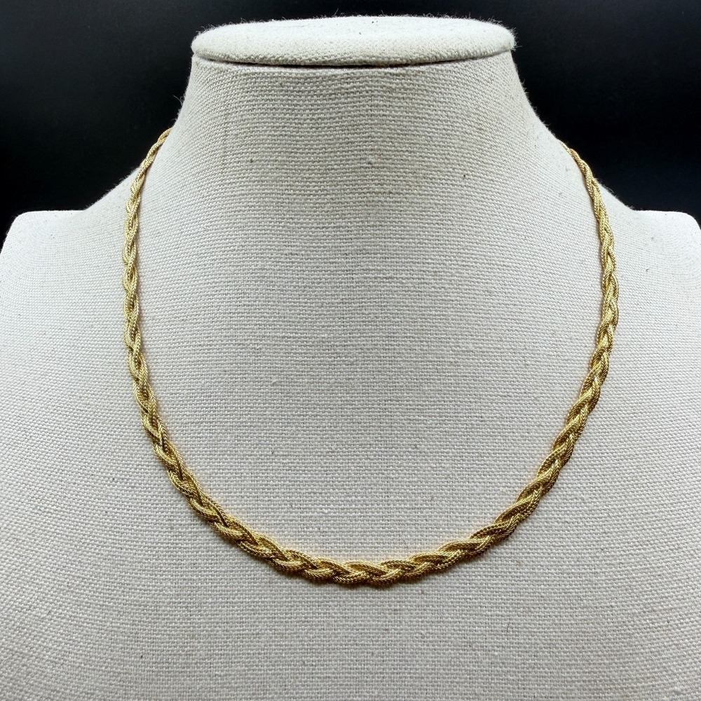 Gold Tone Braided Mesh Chain Necklace Triple Strand Woven Rope Lobster Clasp